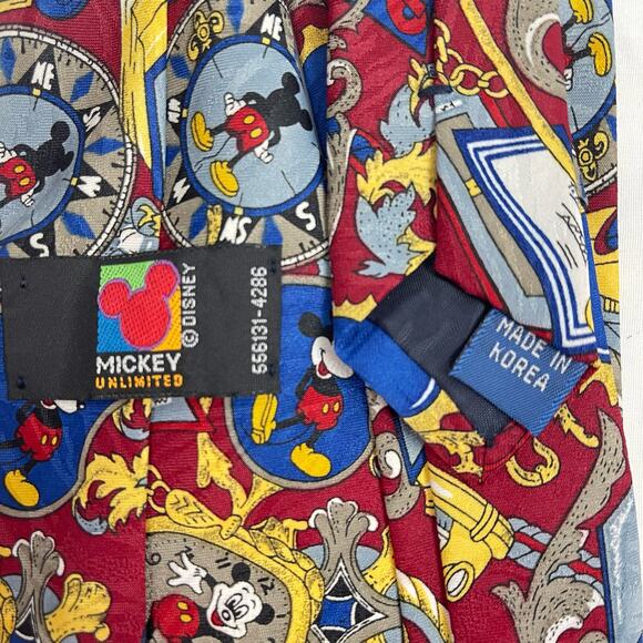 Mickey Unlimited Disney Novelty Print Tie Compass Wizard Map Red Blue Yellow - Picture 3 of 3